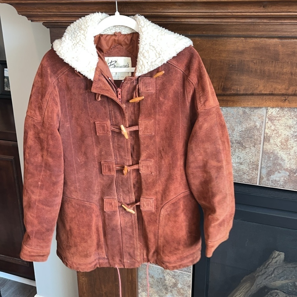 Rust vintage suede leather Sherpa lined toggle jacket coat boho hippie -FLAWS- M